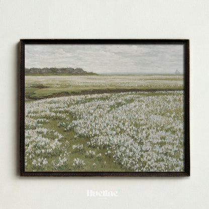 Rustic Oil Painting, White Flower Meadow, Remote Village and Sea View Poster - L1202