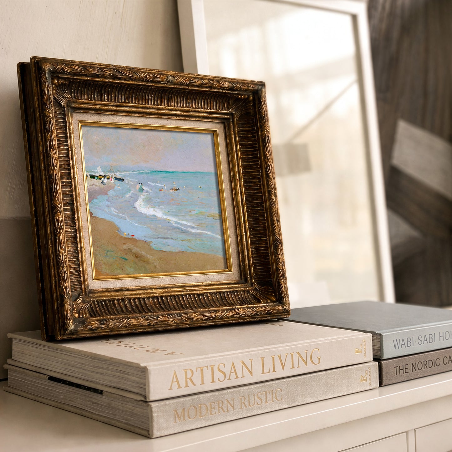 Coastal Beach Painting Print – Vintage Seaside Wall Art, Calm Ocean Waves - L1129
