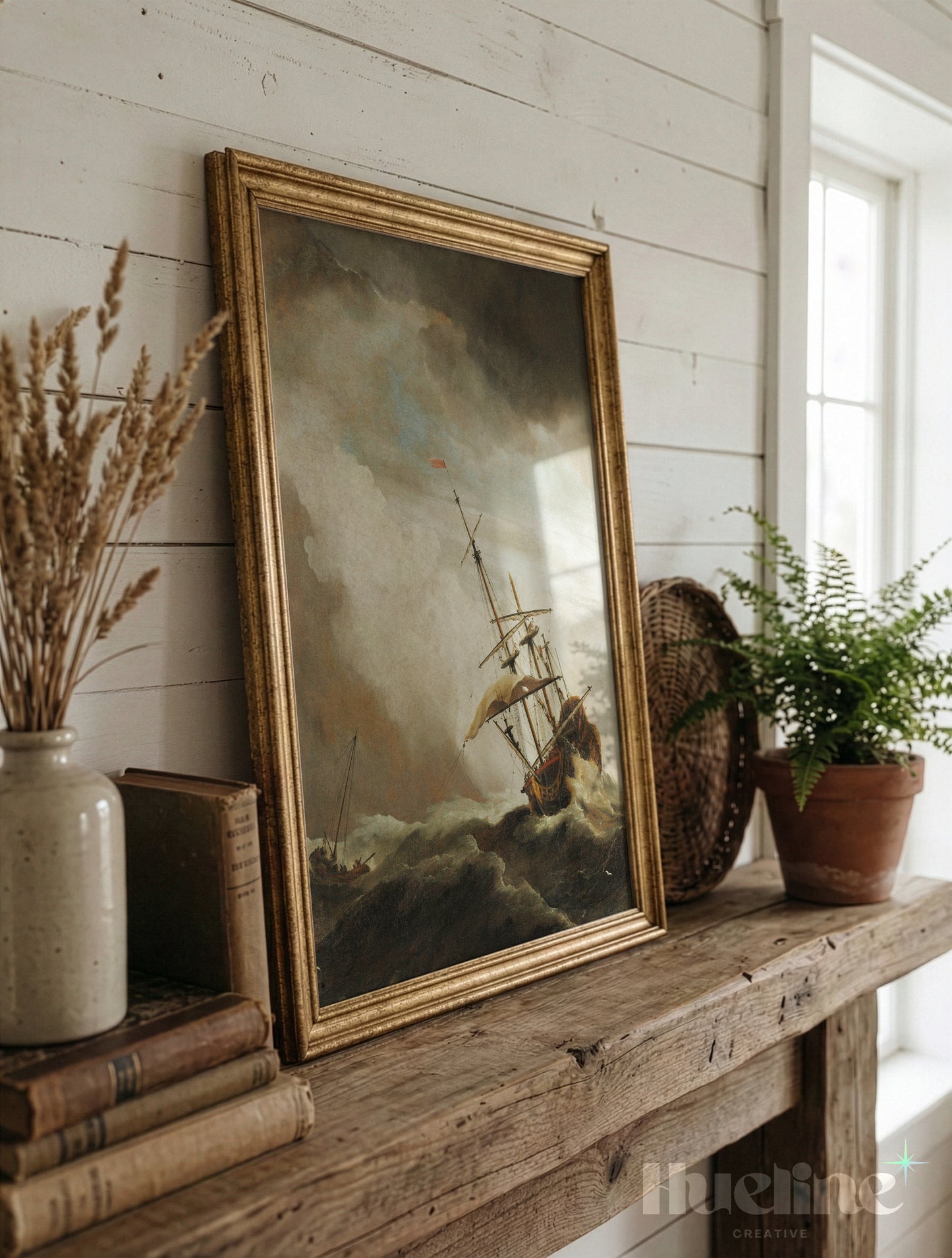 Vintage Stormy Sea Oil Painting, Sailing Ship in High Waves, Moody Maritime Art - L1205
