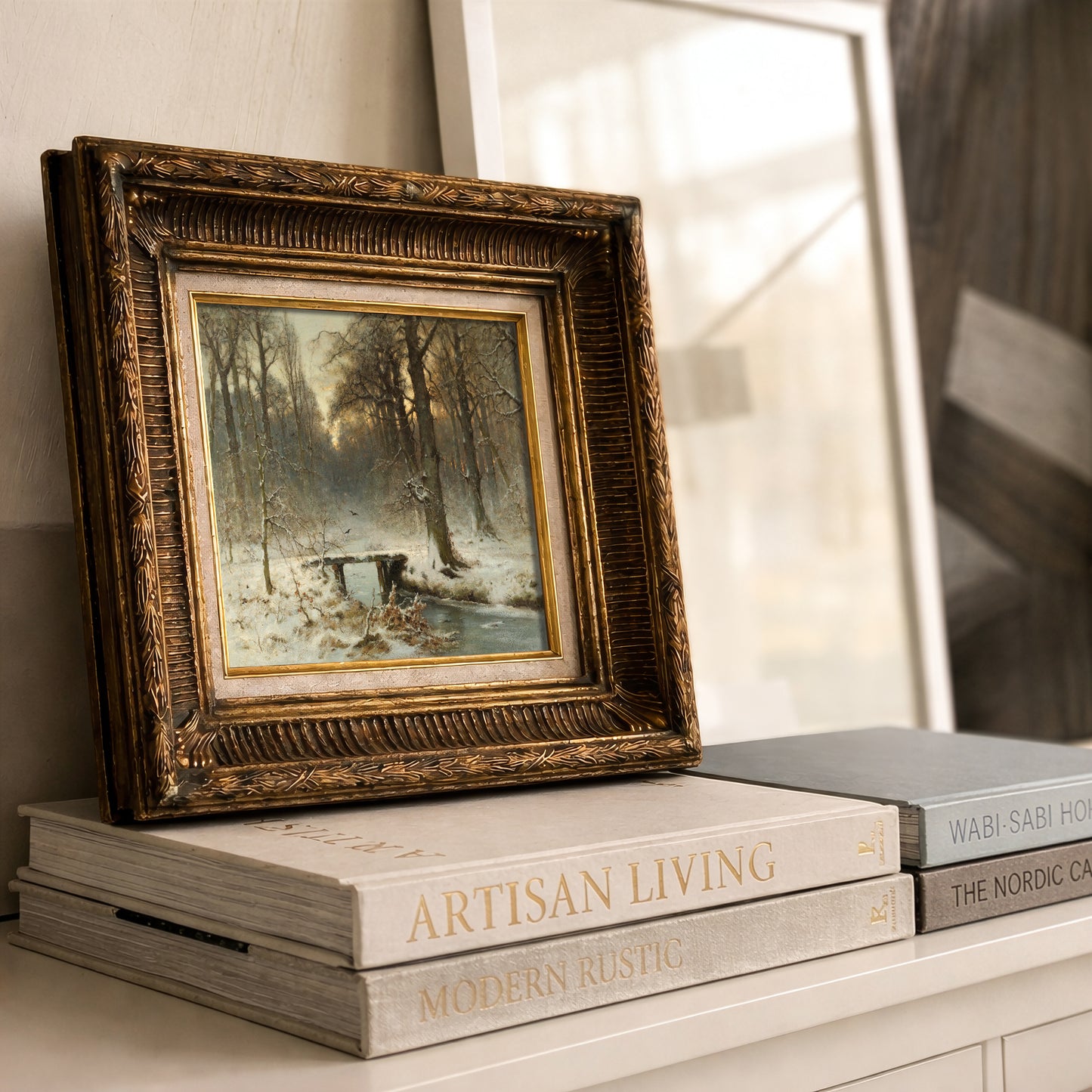 Vintage Winter Forest Painting, Snowy Landscape with Bridge, Moody Woods Wall Art - L1210