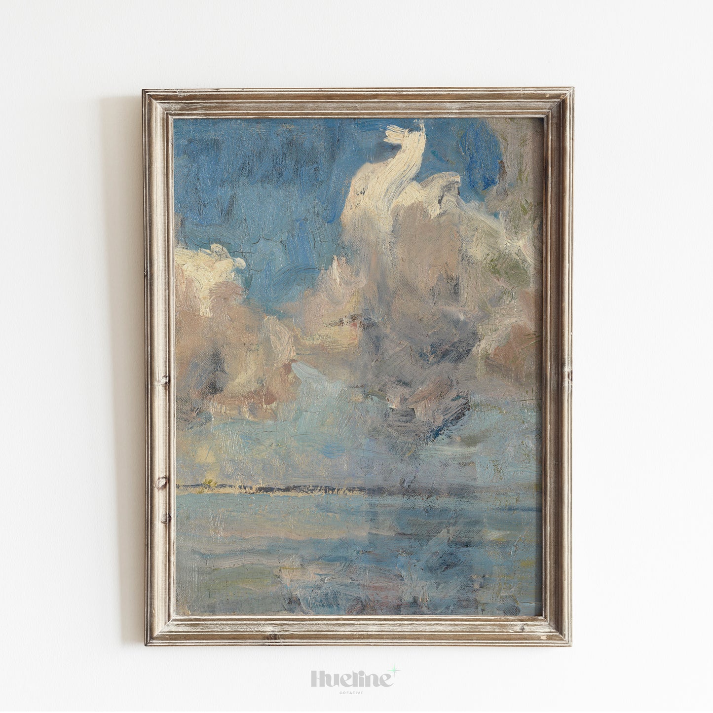 Abstract Cloudscape Painting, Moody Sky and Sea Art Print, Blue Beige Horizon Poster - L1172