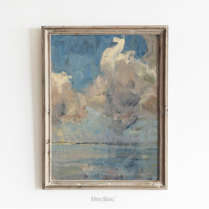 Abstract Cloudscape Painting, Moody Sky and Sea Art Print, Blue Beige Horizon Poster - L1172