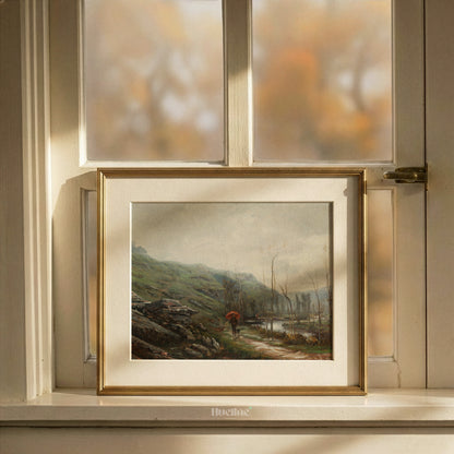 Vintage Landscape Wall Art, Red Umbrella Oil Painting Print, Moody River Scene - L1218