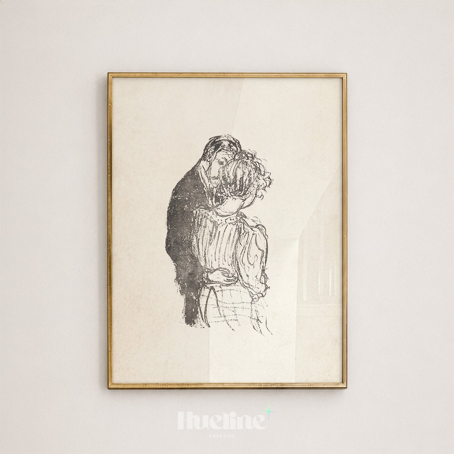 Vintage Romantic Embrace Sketch, Couple Wall Art, Antique Style Monochrome Poster - L1190