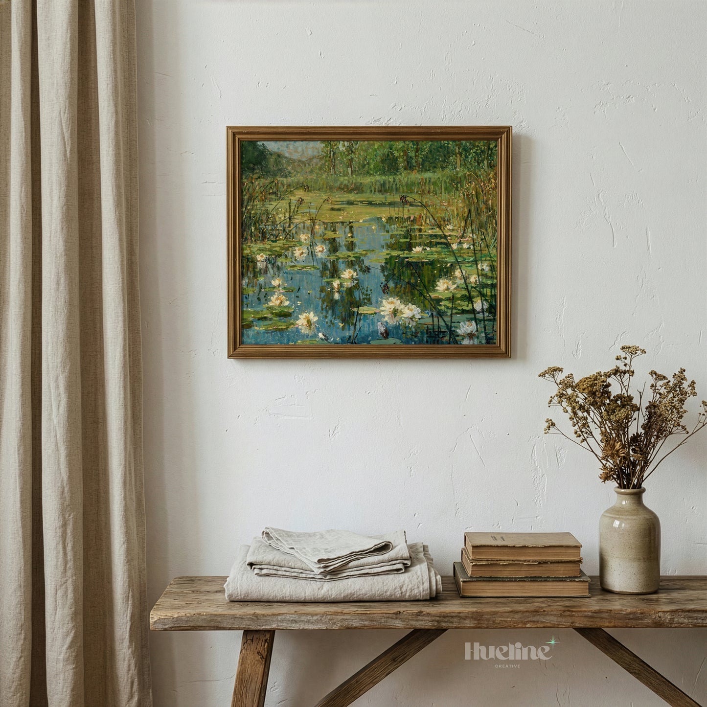 Impressionist Water Lily Pond, Floral Landscape, Calm Water, Reeds, Nature Wall Art - L1197