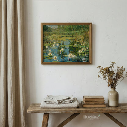 Impressionist Water Lily Pond, Floral Landscape, Calm Water, Reeds, Nature Wall Art - L1197