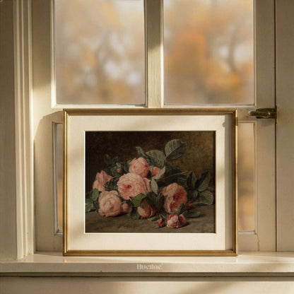 Vintage Pink Roses Oil Painting, Dark Moody Floral Still Life, Antique Wall Art - L1204