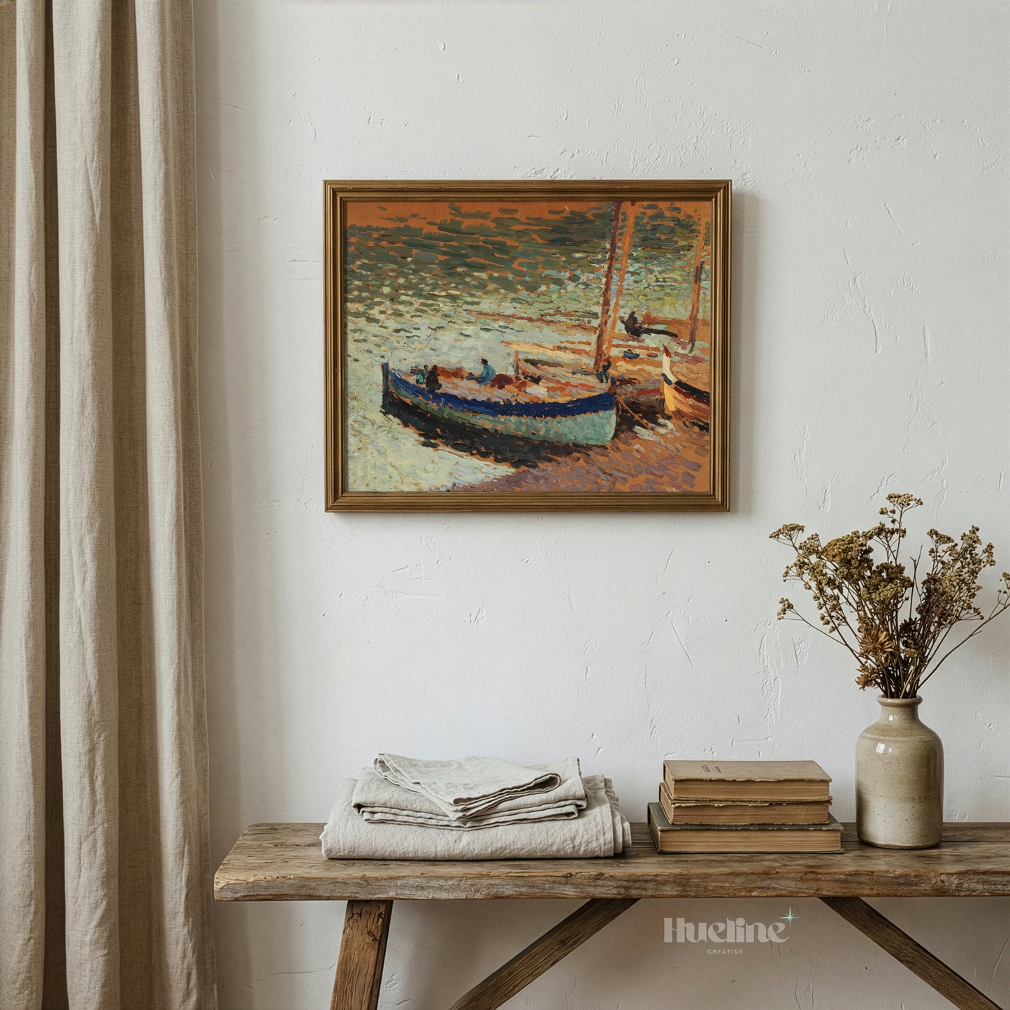Vintage Fishing Boats Coastal Wall Art, Impressionist Beach Painting - L1175