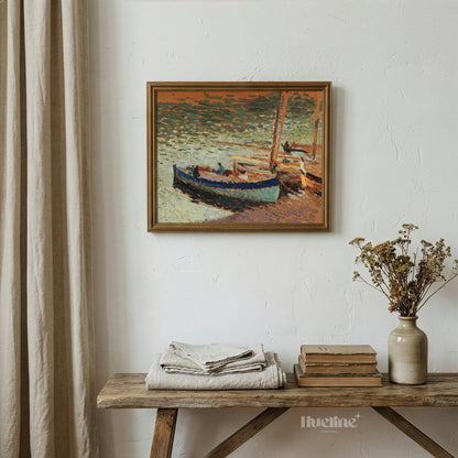 Vintage Fishing Boats Coastal Wall Art, Impressionist Beach Painting - L1175
