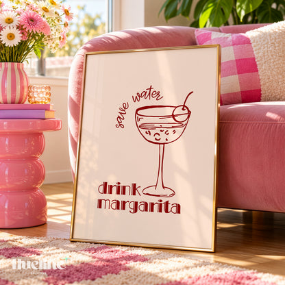 Save Water Drink Margarita Print, Red Cocktail Wall Art, Bar Cart Kitchen Decor - L1278