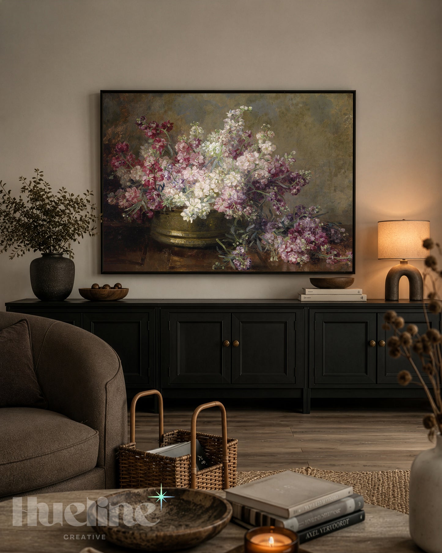 Vintage Floral Still Life, Moody Pink Purple Flower Painting, Antique Farmhouse Wall Art - L1223