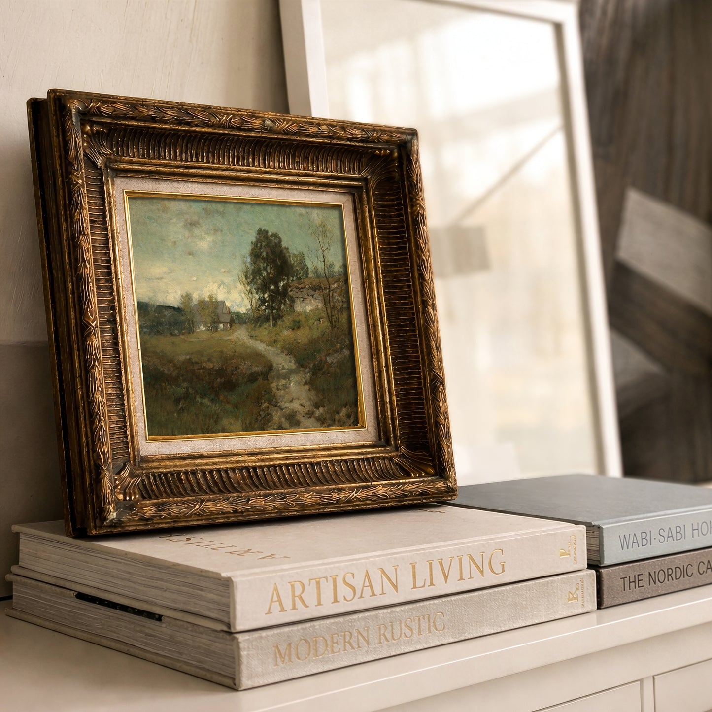 Vintage Country Cottage Print, Rustic Farmhouse Wall Art, Countryside Path Painting - L1171