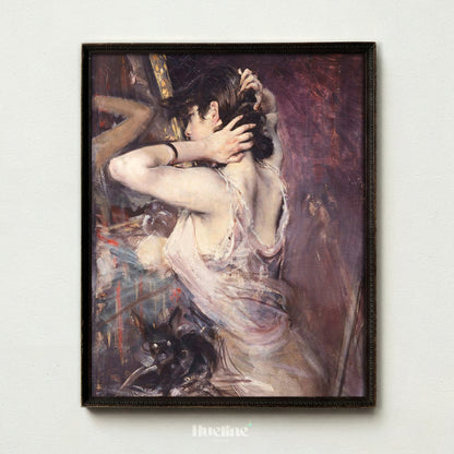 Moody Vintage Woman with Black Cat, Impressionist Painting, Antique Purple Wall Art - L1215