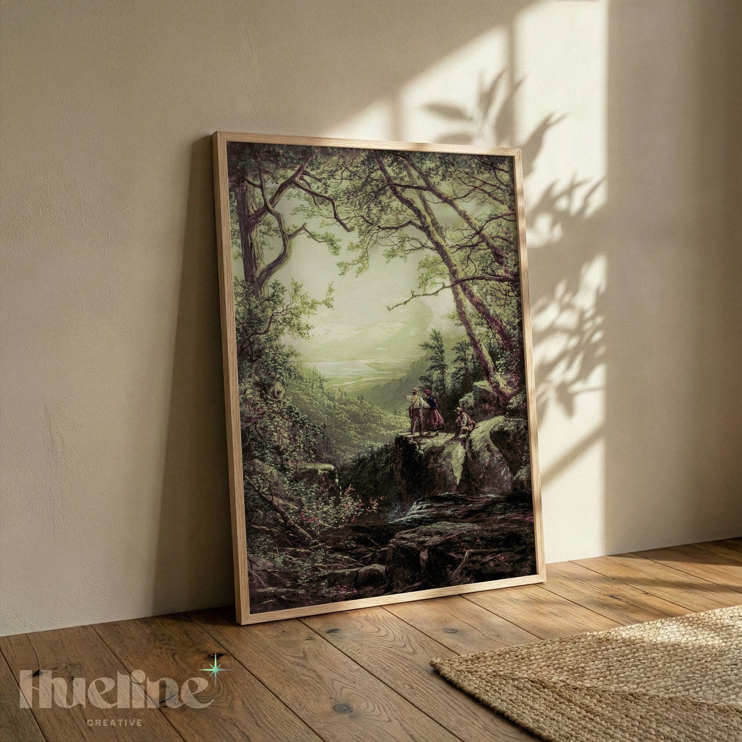 Vintage Forest Landscape, Couple Overlooking Misty Valley, Moody View, Antique Nature Wall Art - L1207