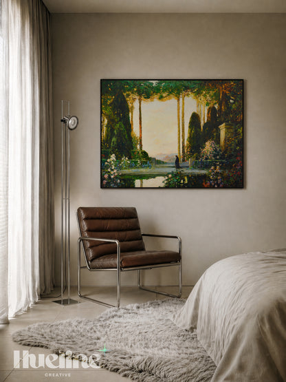 Vintage Enchanted Garden Oil Painting, Mystic Sunset Landscape, Antique Nature Art - L1212