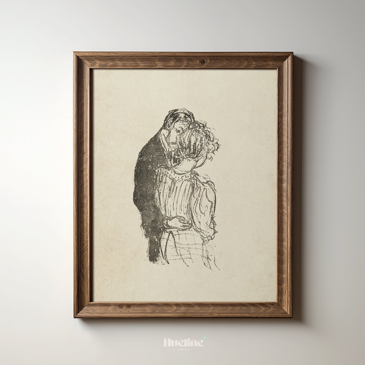 Vintage Romantic Embrace Sketch, Couple Wall Art, Antique Style Monochrome Poster - L1190