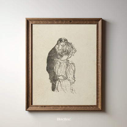 Vintage Romantic Embrace Sketch, Couple Wall Art, Antique Style Monochrome Poster - L1190