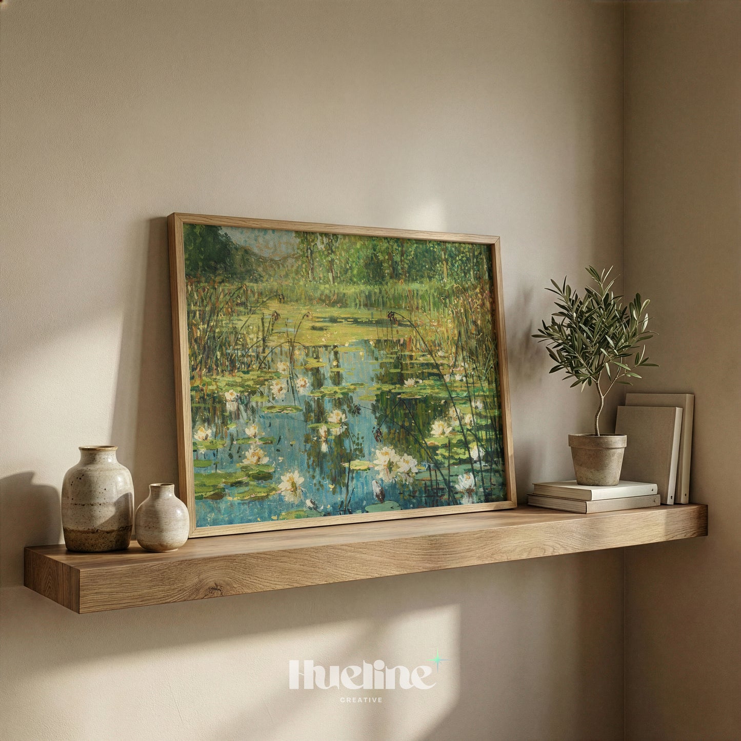 Impressionist Water Lily Pond, Floral Landscape, Calm Water, Reeds, Nature Wall Art - L1197