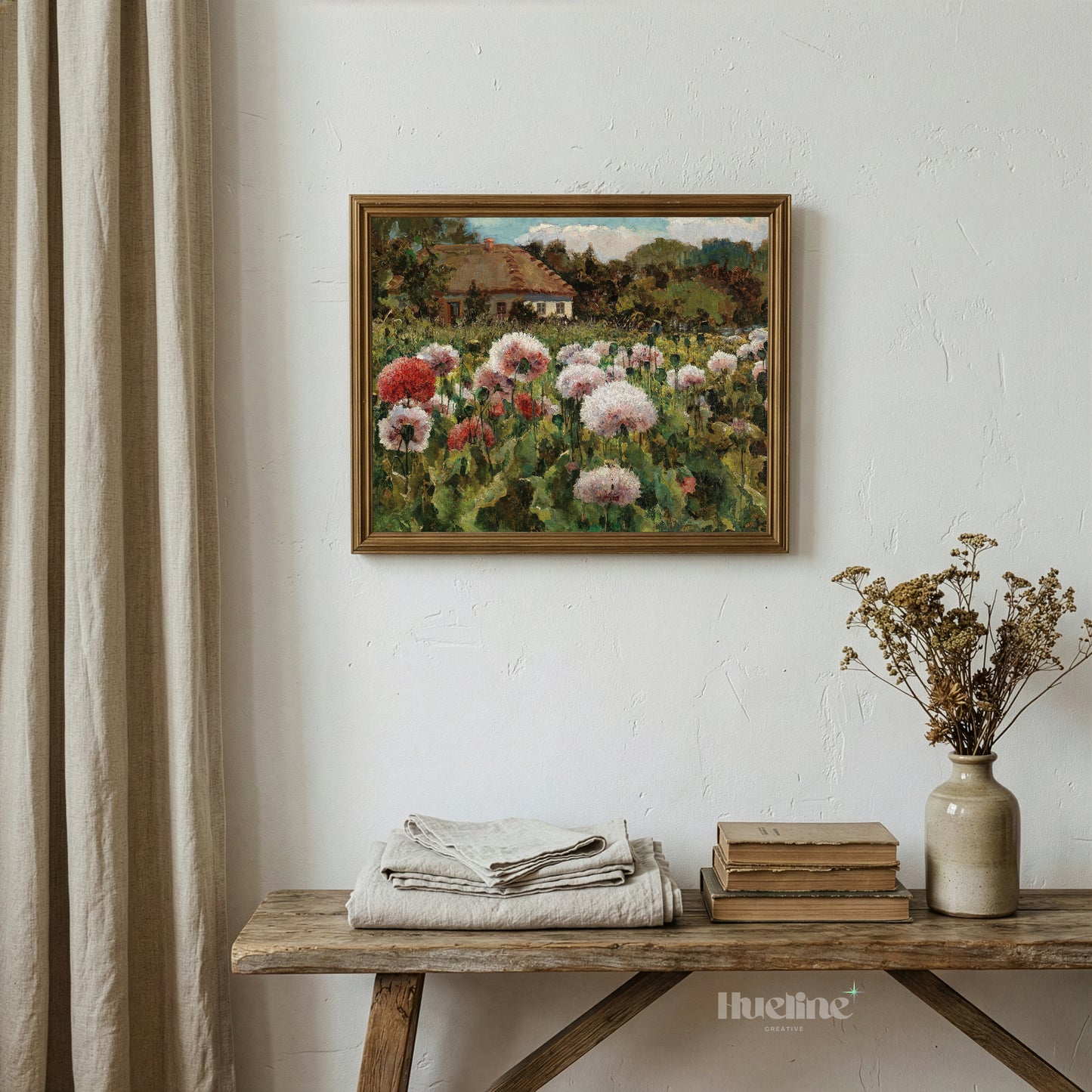 Vintage Poppy Field Painting, Rustic Cottage Landscape, Floral Meadow Wall Art - L1209