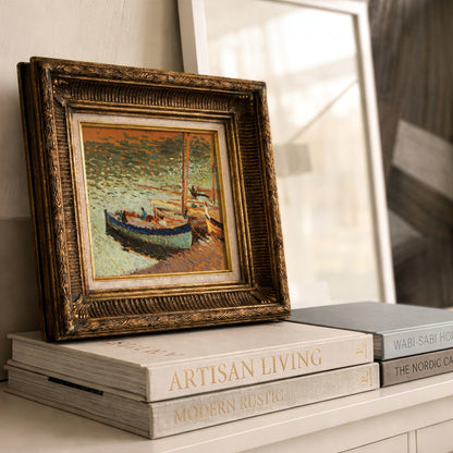 Vintage Fishing Boats Coastal Wall Art, Impressionist Beach Painting - L1175