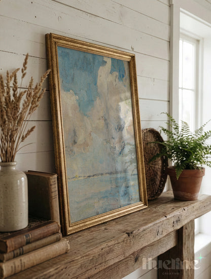 Abstract Cloudscape Painting, Moody Sky and Sea Art Print, Blue Beige Horizon Poster - L1172