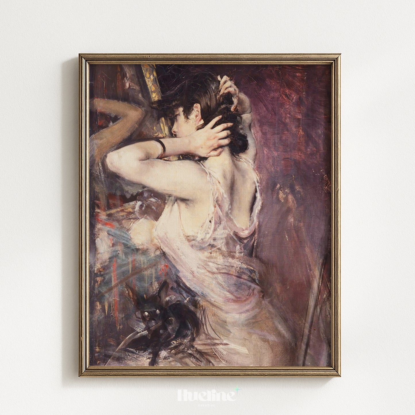 Moody Vintage Woman with Black Cat, Impressionist Painting, Antique Purple Wall Art - L1215