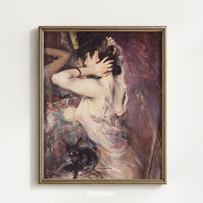 Moody Vintage Woman with Black Cat, Impressionist Painting, Antique Purple Wall Art - L1215