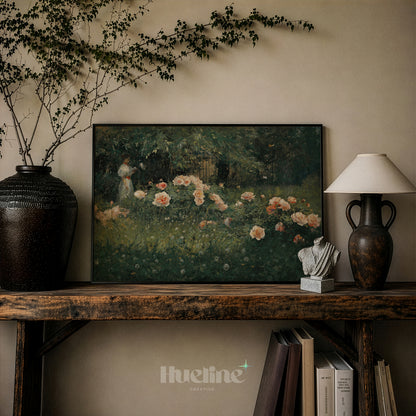 Vintage Impressionist Reading Woman, Floral Garden Oil Painting, Romantic Wall Art - L1211