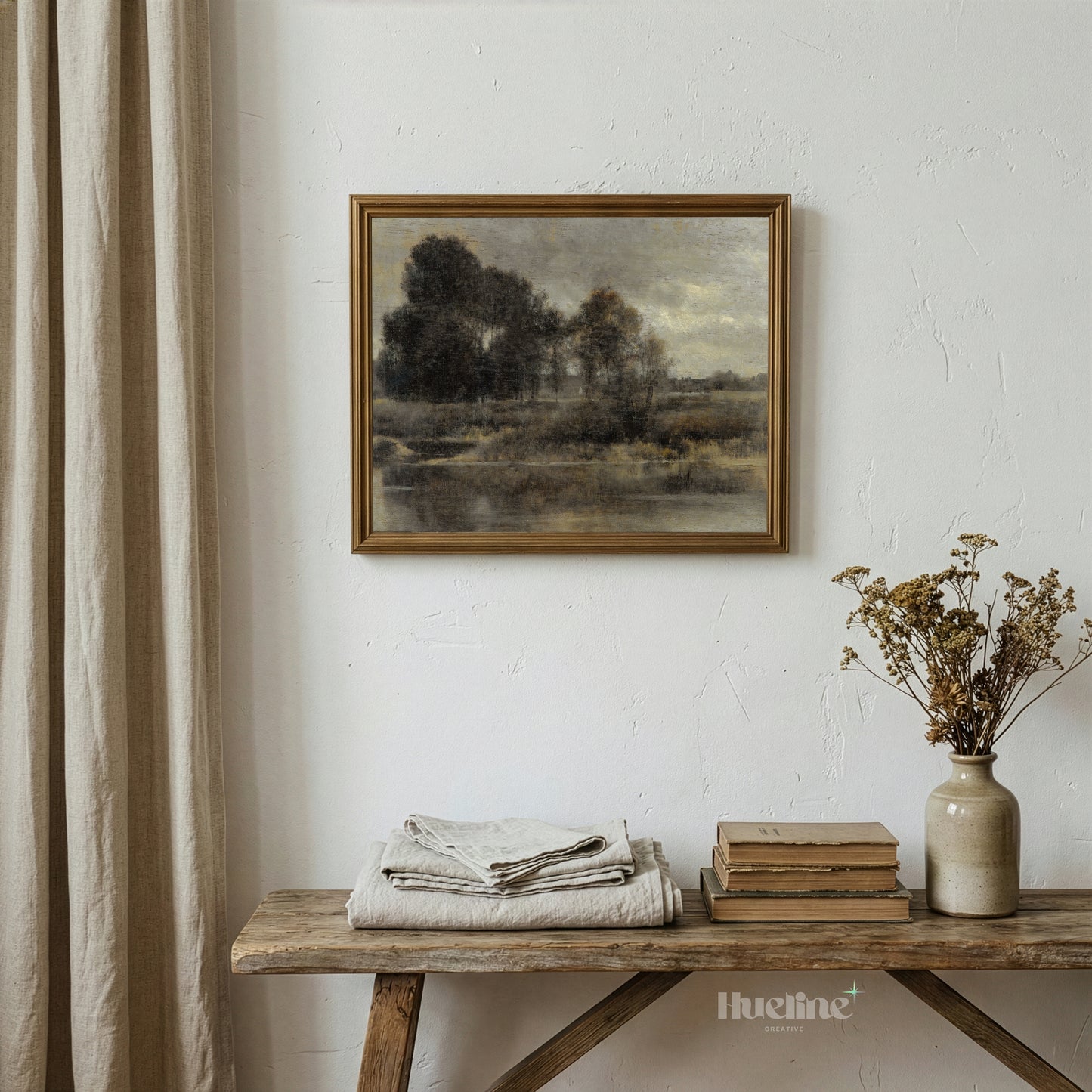 Moody Vintage Landscape Oil Painting, Tonalist Antique River Scene, Dark Neutral Wall Art - L1213