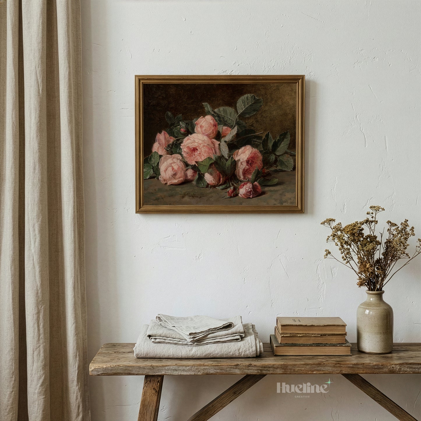 Vintage Pink Roses Oil Painting, Dark Moody Floral Still Life, Antique Wall Art - L1204