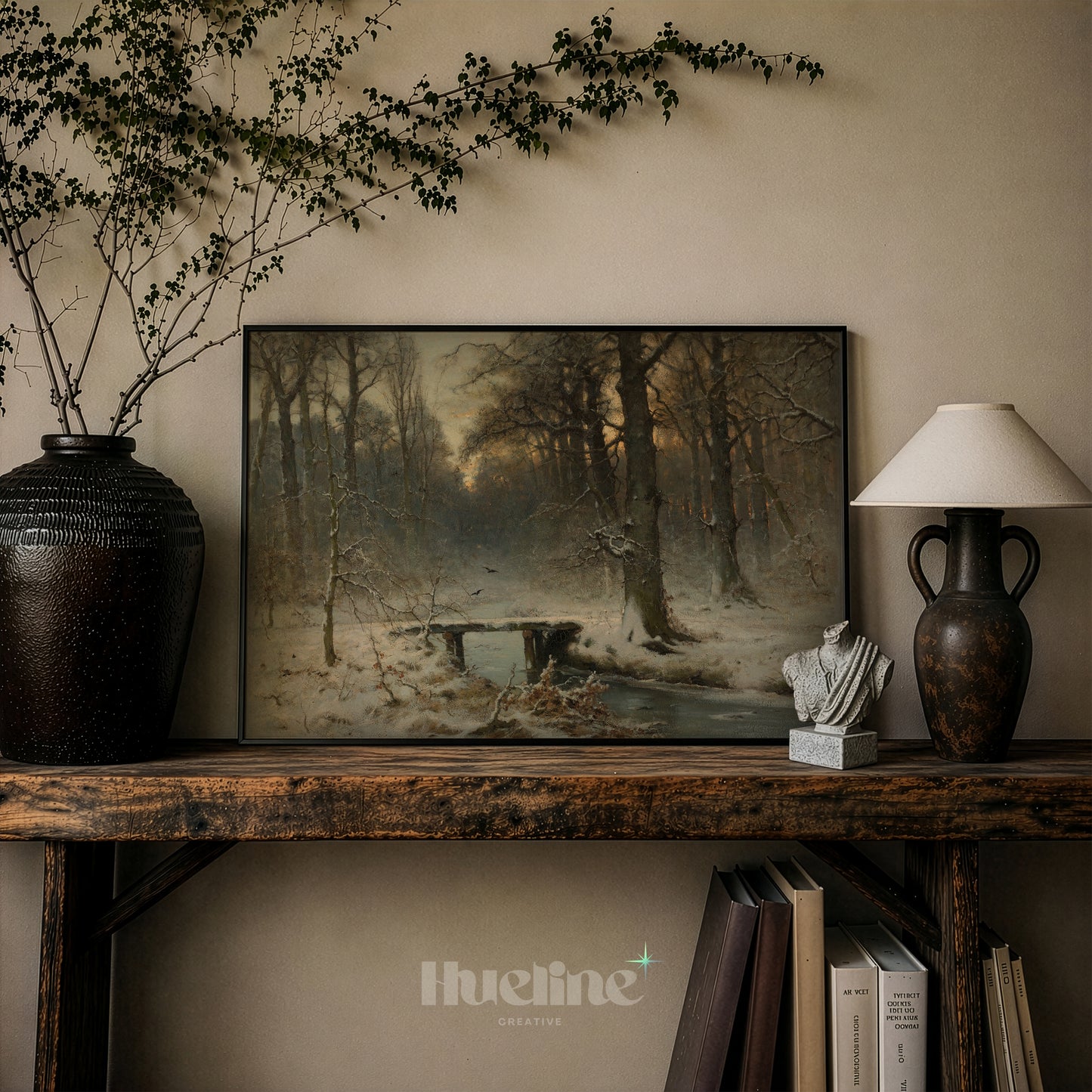 Vintage Winter Forest Painting, Snowy Landscape with Bridge, Moody Woods Wall Art - L1210