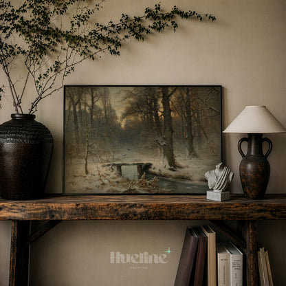 Vintage Winter Forest Painting, Snowy Landscape with Bridge, Moody Woods Wall Art - L1210