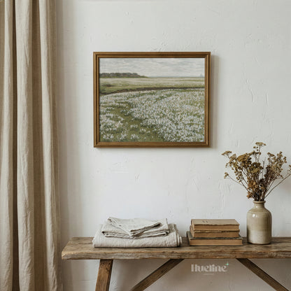Rustic Oil Painting, White Flower Meadow, Remote Village and Sea View Poster - L1202