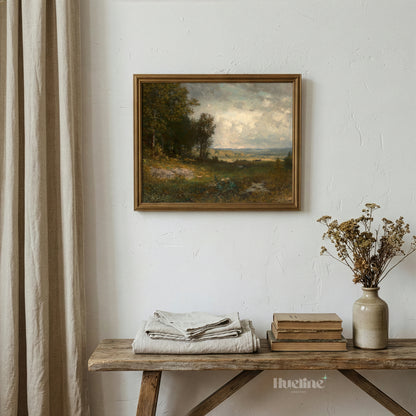 Vintage Countryside Landscape Wall Art, Moody Meadow Painting Print - L1182