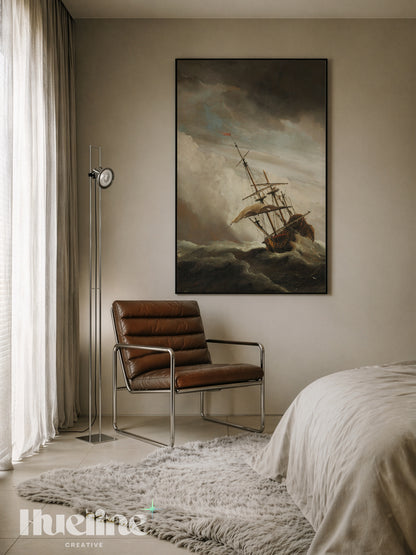 Vintage Stormy Sea Oil Painting, Sailing Ship in High Waves, Moody Maritime Art - L1205