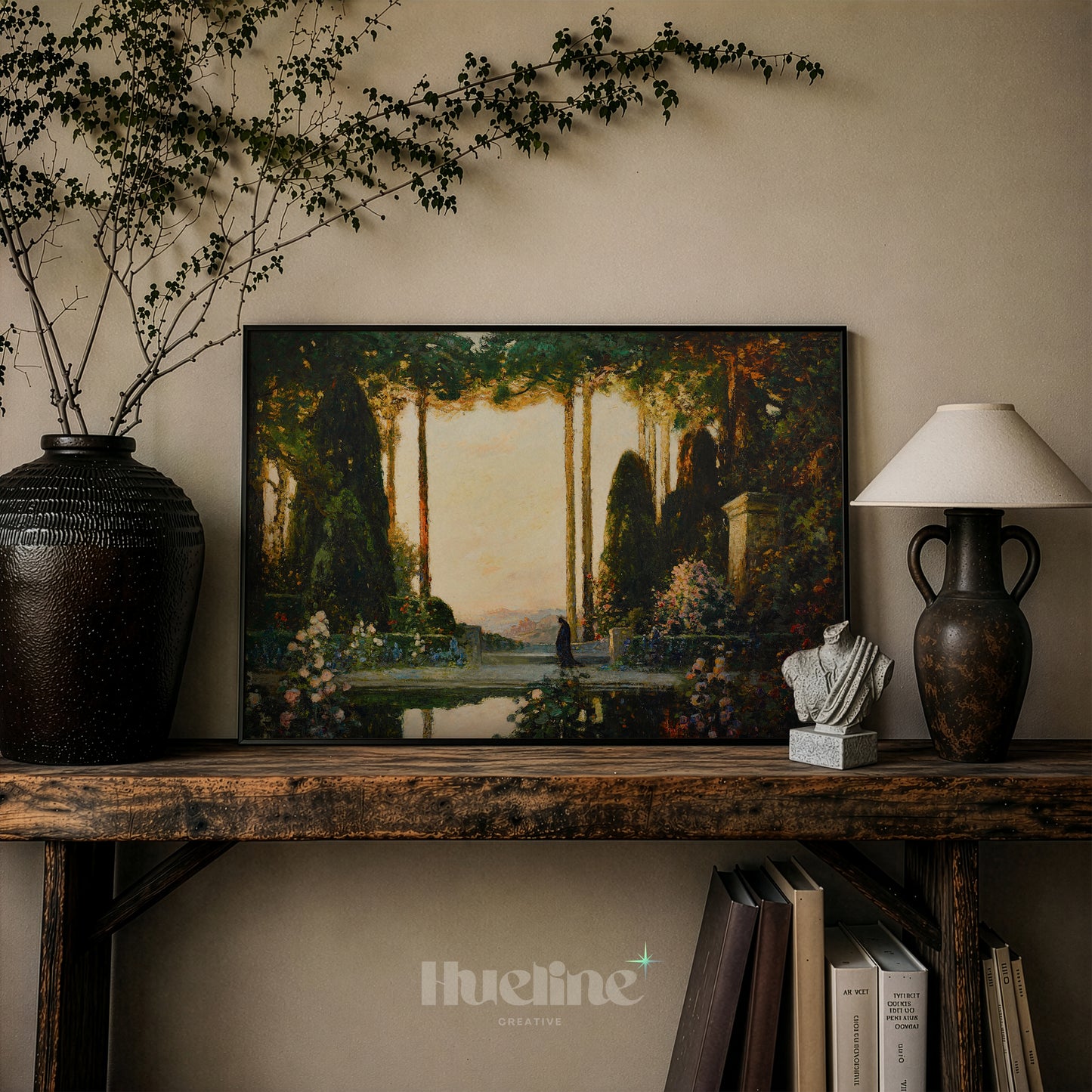 Vintage Enchanted Garden Oil Painting, Mystic Sunset Landscape, Antique Nature Art - L1212