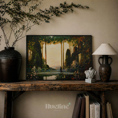Vintage Enchanted Garden Oil Painting, Mystic Sunset Landscape, Antique Nature Art - L1212