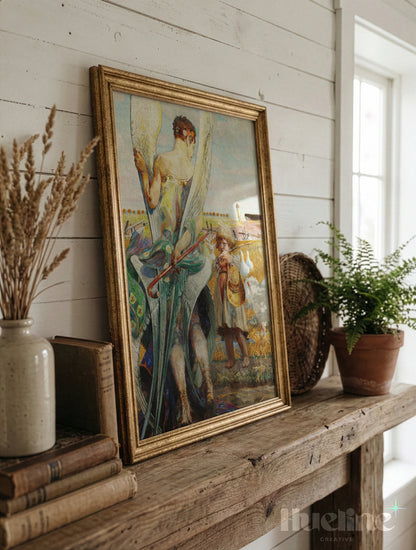 Vintage Angel and Child Oil Painting Print, Guardian Angel Geese Landscape Wall Art - L1192