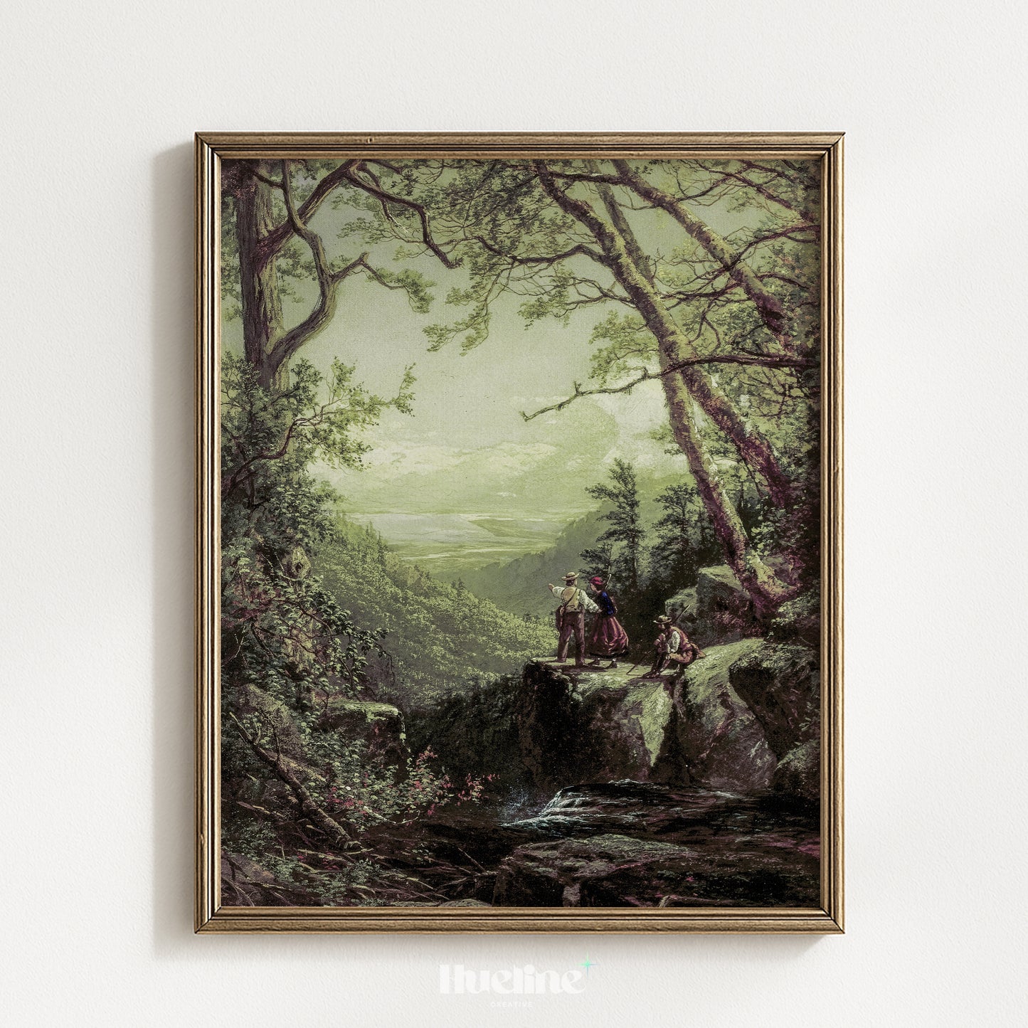 Vintage Forest Landscape, Couple Overlooking Misty Valley, Moody View, Antique Nature Wall Art - L1207