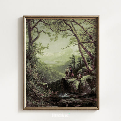 Vintage Forest Landscape, Couple Overlooking Misty Valley, Moody View, Antique Nature Wall Art - L1207